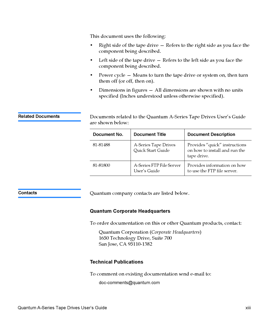 Quantum Audio A-Series manual Quantum Corporate Headquarters, Technical Publications 