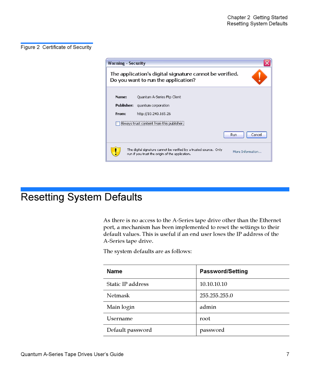 Quantum Audio A-Series manual Resetting System Defaults, Name Password/Setting 