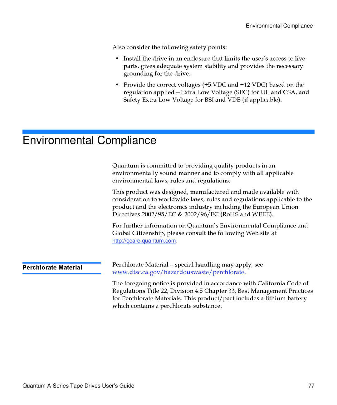 Quantum Audio A-Series manual Environmental Compliance, Perchlorate Material 