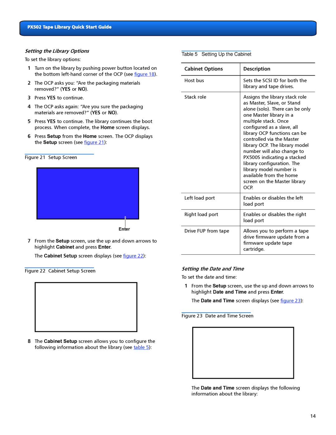 Quantum Audio PX502 quick start Setting the Library Options, Cabinet Options Description, Setting the Date and Time 