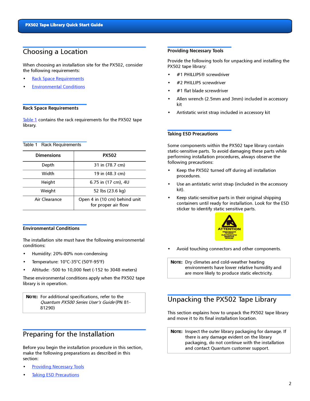 Quantum Audio quick start Choosing a Location, Unpacking the PX502 Tape Library, Preparing for the Installation 