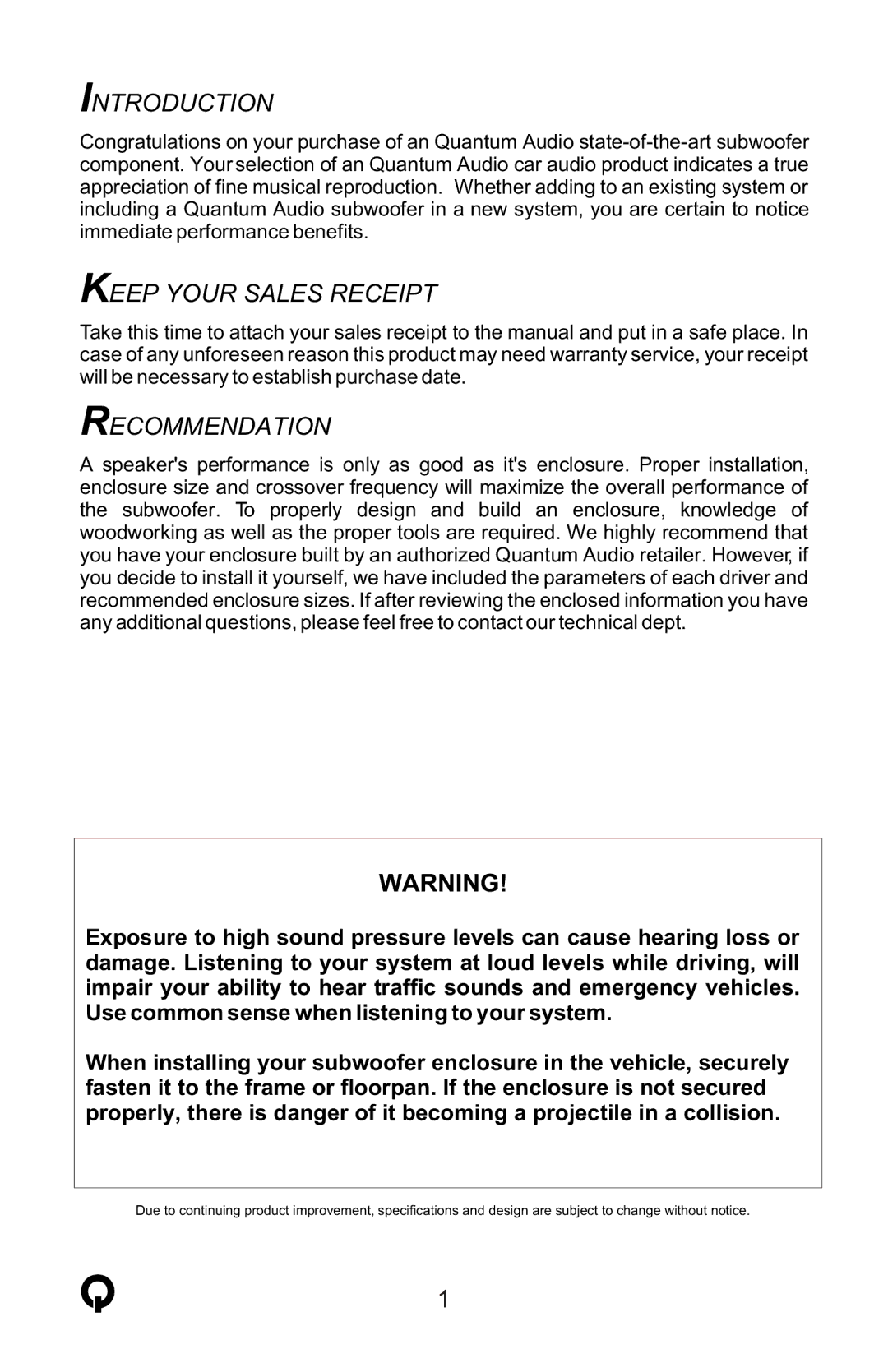 Quantum Audio QC154 installation instructions Introduction, Keep Your Sales Receipt, Recommendation 