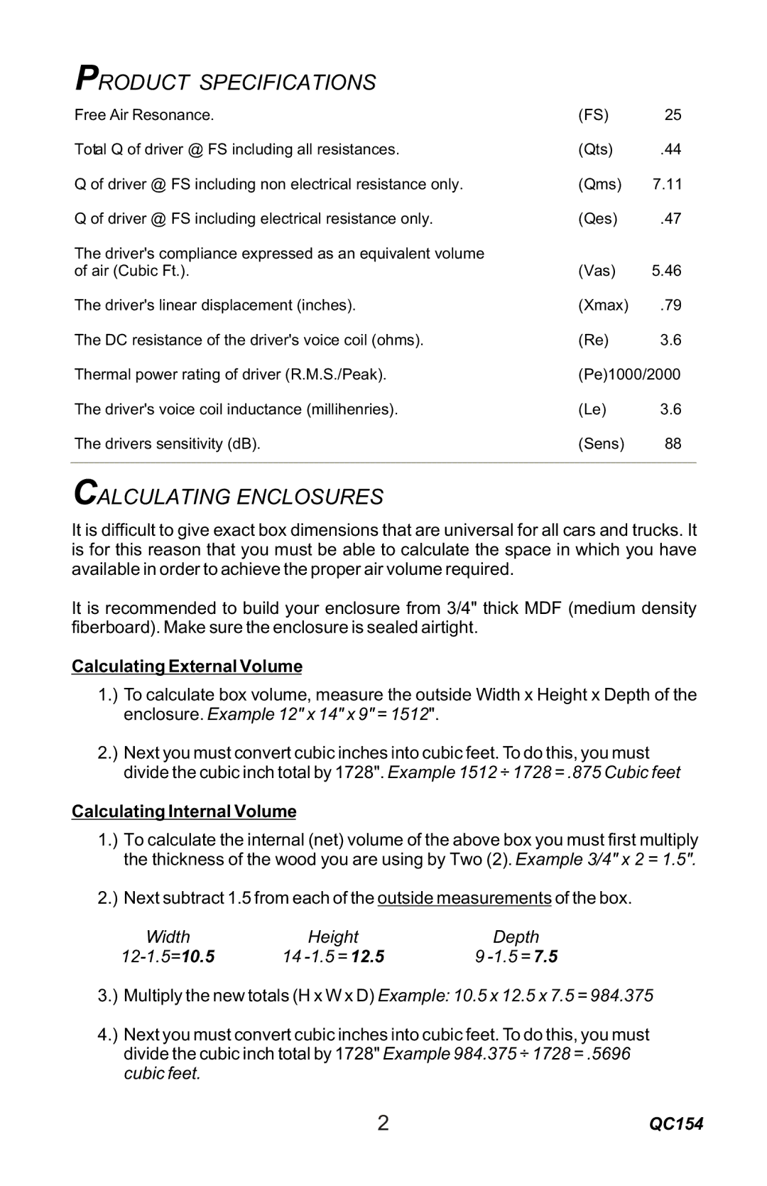 Quantum Audio QC154 installation instructions Product Specifications, Calculating Enclosures 