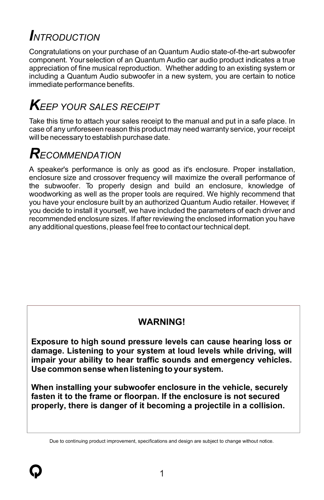 Quantum Audio QC15S4 installation instructions Introduction, Keep Your Sales Receipt, Recommendation 