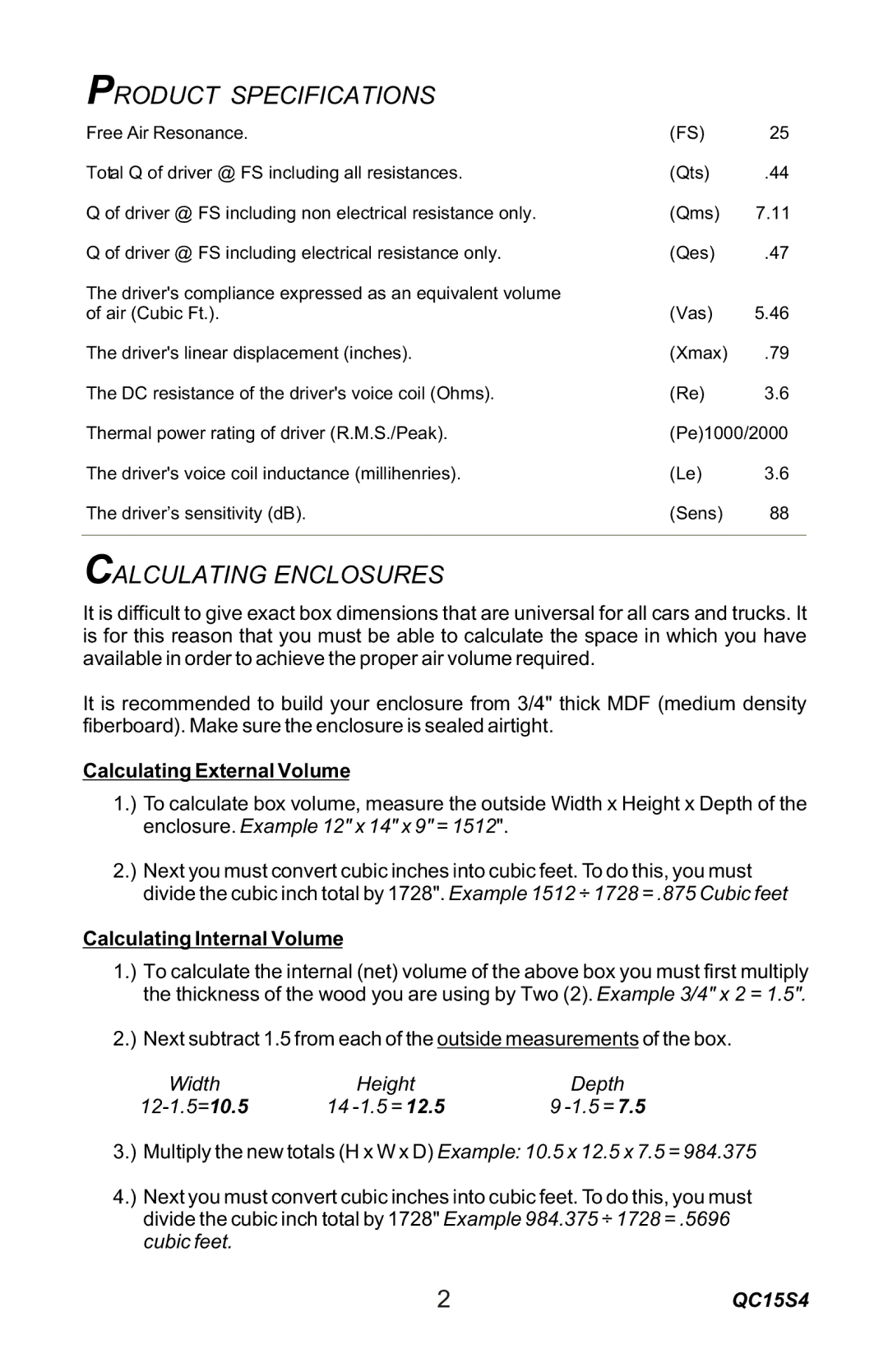 Quantum Audio QC15S4 installation instructions Product Specifications, Calculating Enclosures 