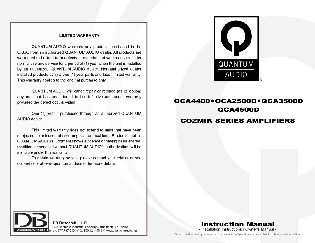 Quantum Audio QCA4400 instruction manual Cozmik Series Amplifiers 