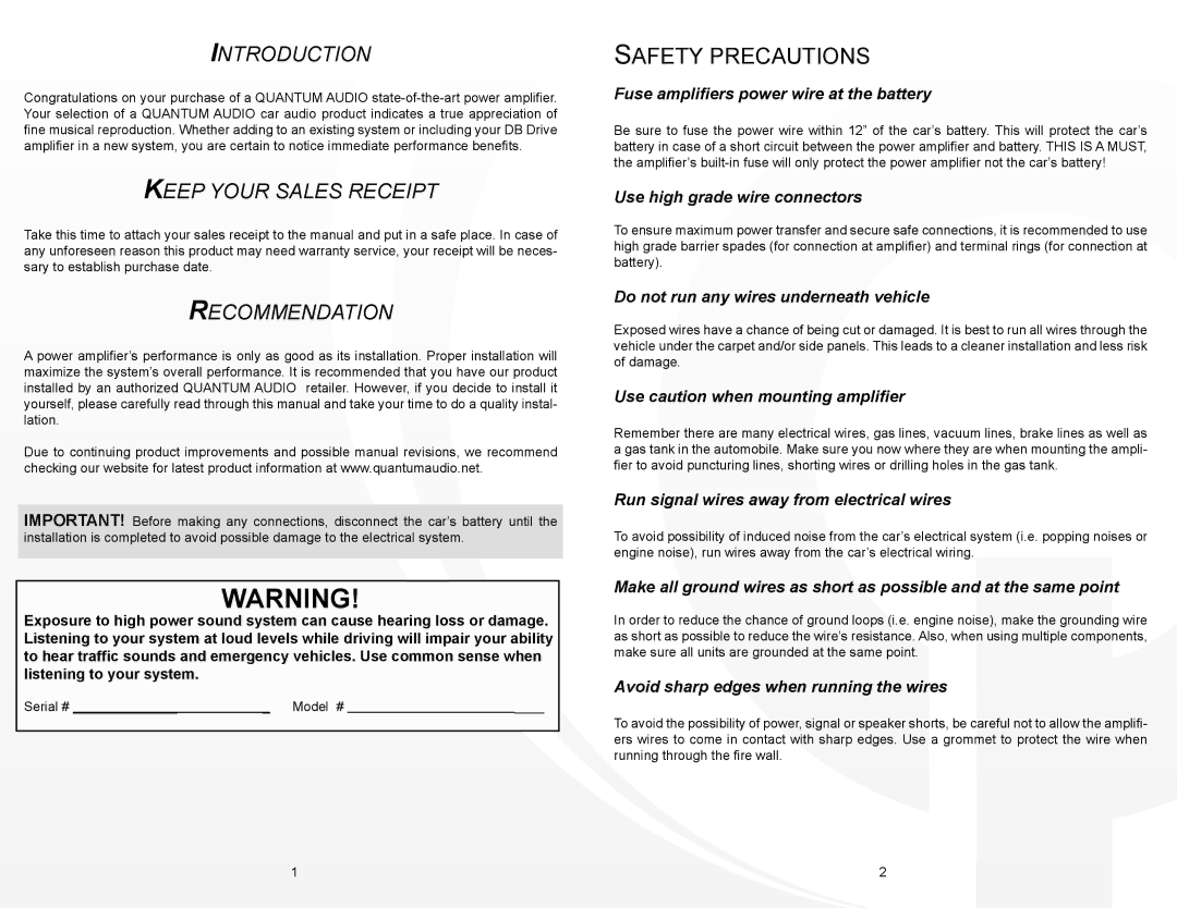 Quantum Audio QCA4400 instruction manual Introduction, Keep Your Sales Receipt, Recommendation 