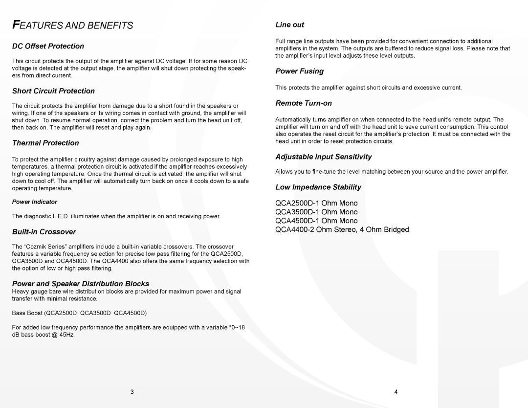 Quantum Audio QCA4400 instruction manual Features and Benefits 