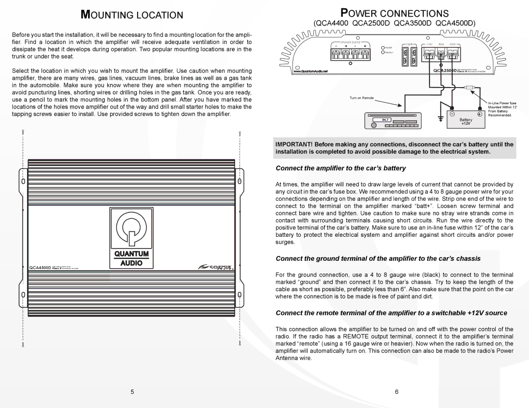 Quantum Audio QCA4400 instruction manual Mounting Location, Power Connections 