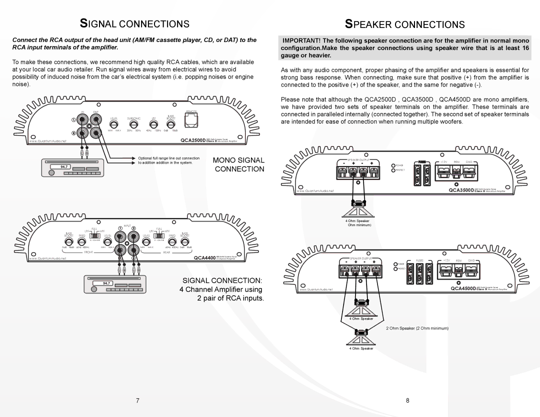 Quantum Audio QCA4400 instruction manual Signal Connections, Speaker Connections 