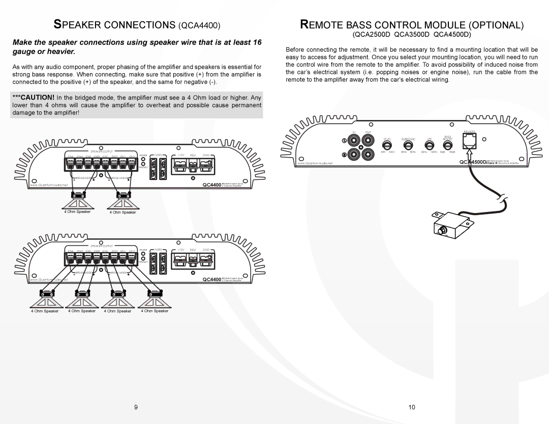 Quantum Audio instruction manual Speaker Connections QCA4400, Remote Bass Control Module Optional 