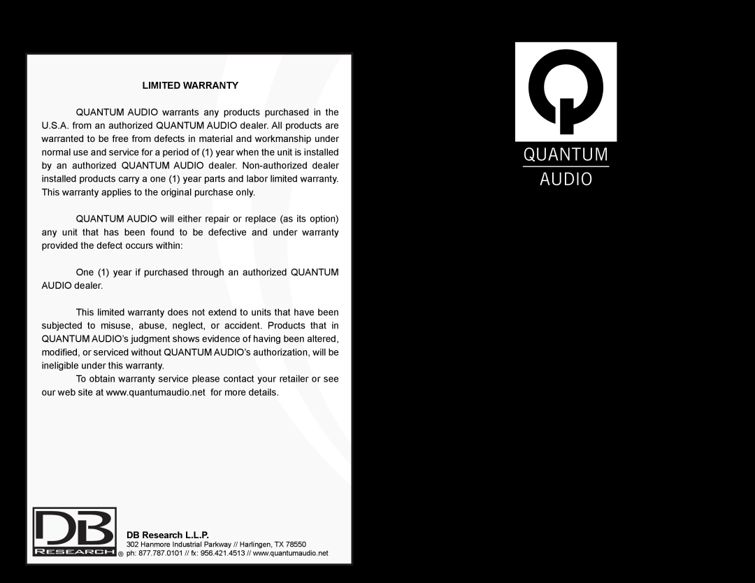 Quantum Audio instruction manual QCA4400 QCA2500D QCA3500D QCA4500D, Limited Warranty, DB Research L.L.P 