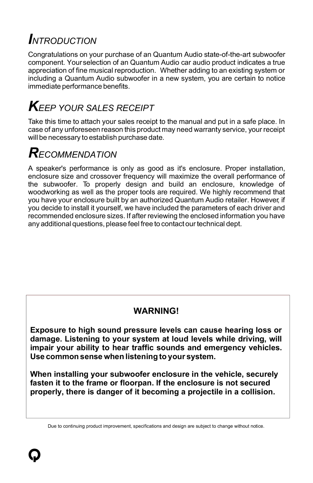 Quantum Audio QP124 installation instructions Introduction, Keep Your Sales Receipt, Recommendation 