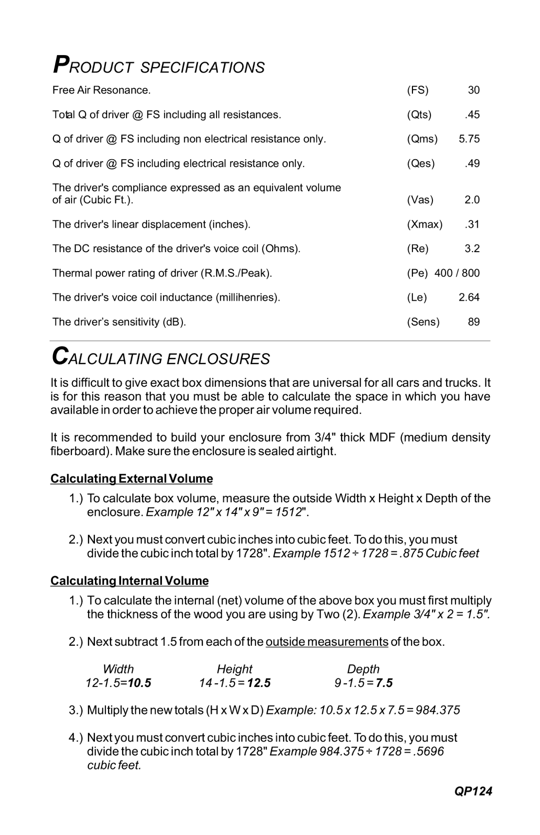 Quantum Audio QP124 installation instructions Product Specifications, Calculating Enclosures 