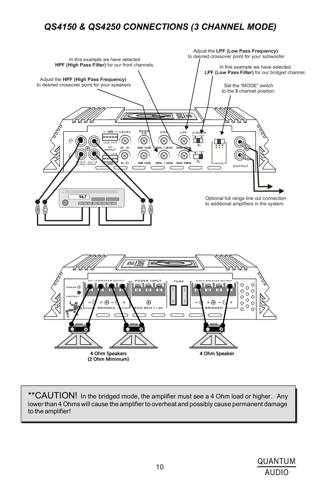 Quantum Audio QS2150, QS1500D, QS2250 installation instructions QS4150 & QS4250 Connections 3 Channel Mode 