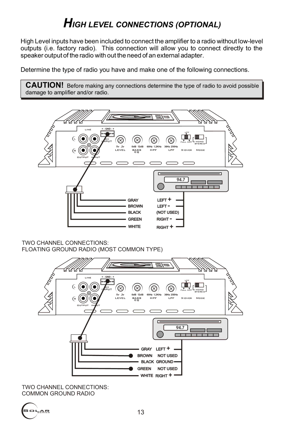 Quantum Audio QS2250, QS2150, QS4150, QS1500D High Level Connections Optional, TWO Channel Connections Common Ground Radio 