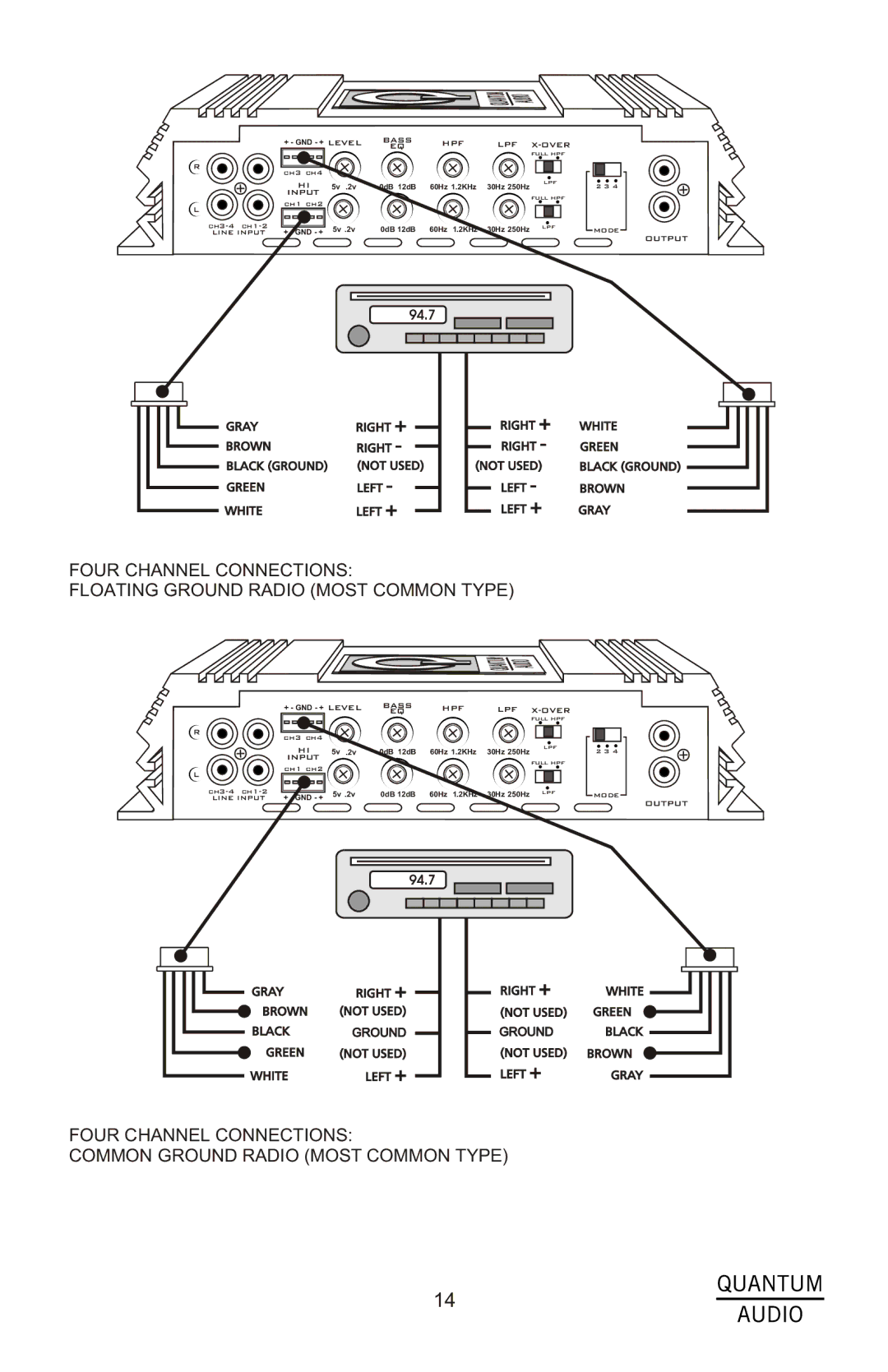 Quantum Audio QS2150, QS4150, QS1500D, QS4250, QS2250 installation instructions Gray Right + Brown Not Used Black Ground 