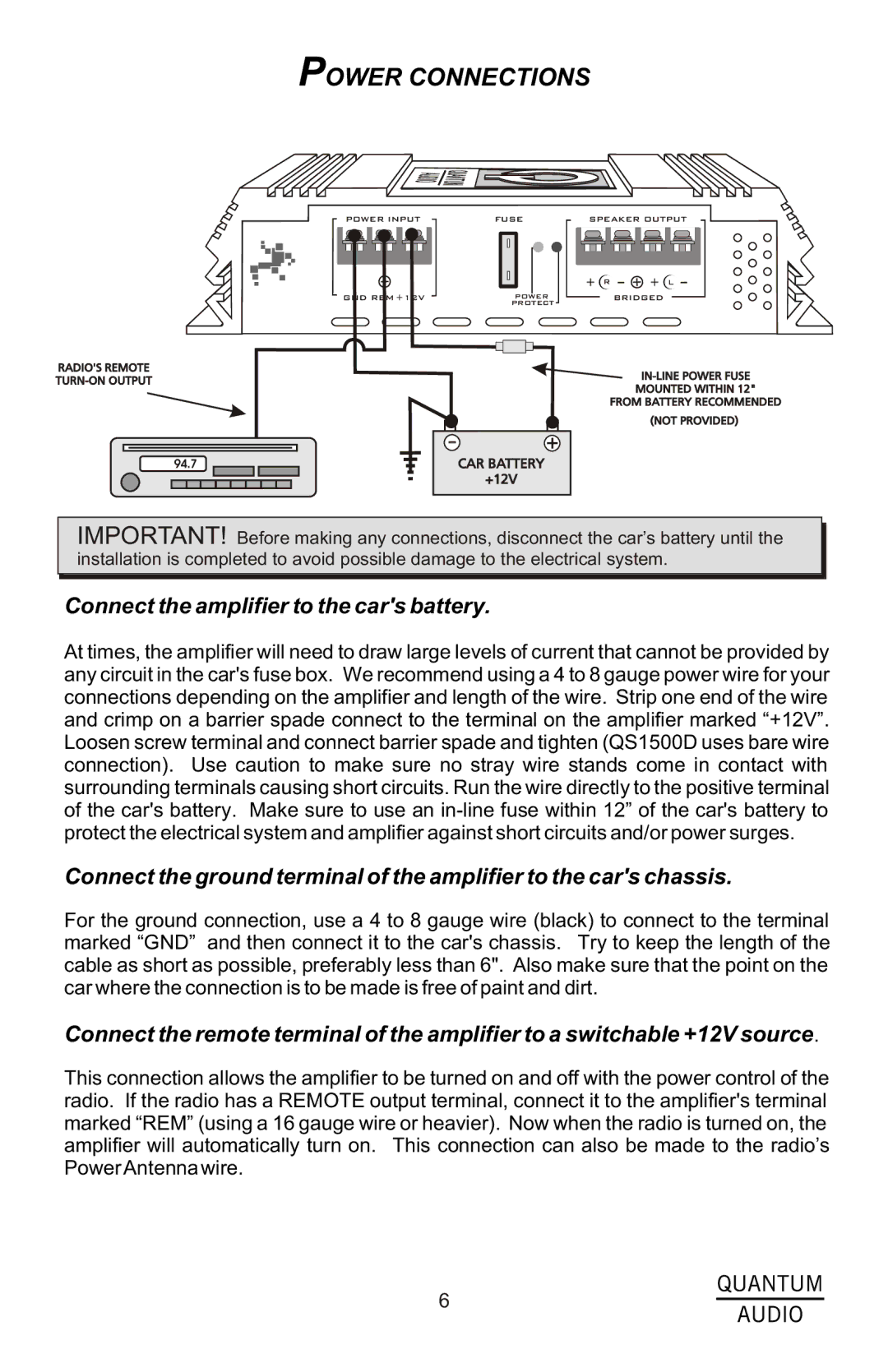 Quantum Audio QS1500D, QS2150, QS4150, QS4250, QS2250 Power Connections, Connect the amplifier to the cars battery 