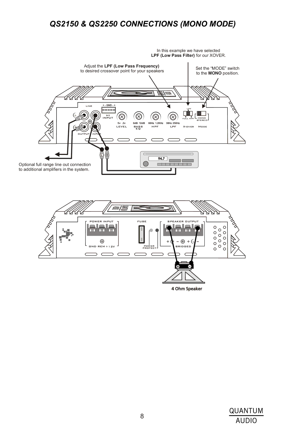 Quantum Audio QS4150, QS1500D, QS4250 installation instructions QS2150 & QS2250 Connections Mono Mode 