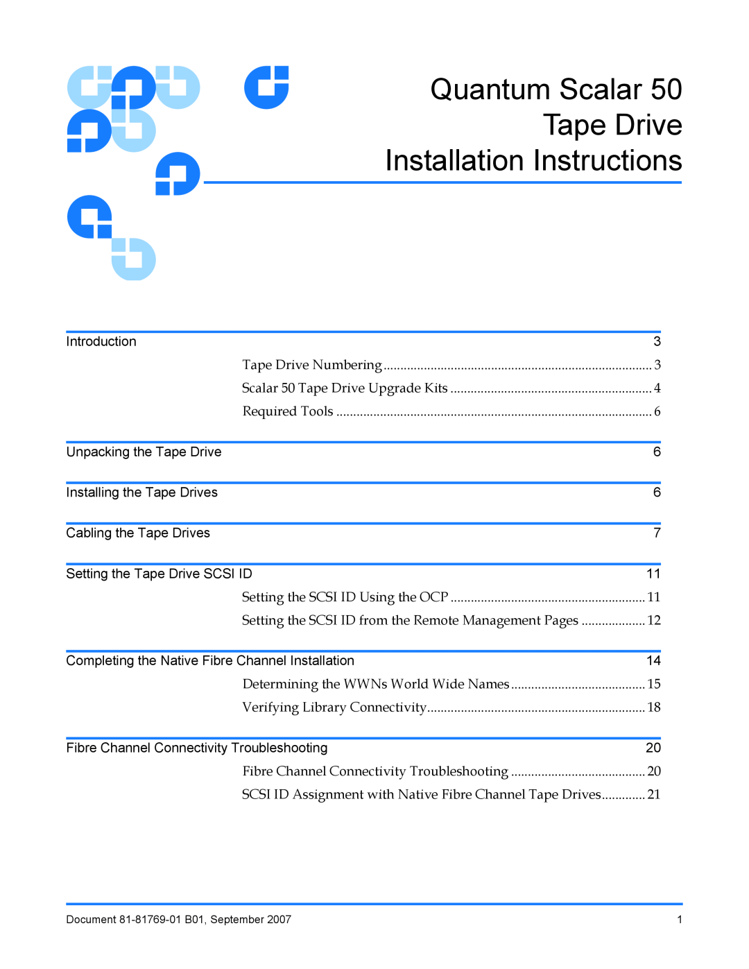 Quantum Audio Scalar 50 installation instructions Quantum Scalar Tape Drive Installation Instructions 