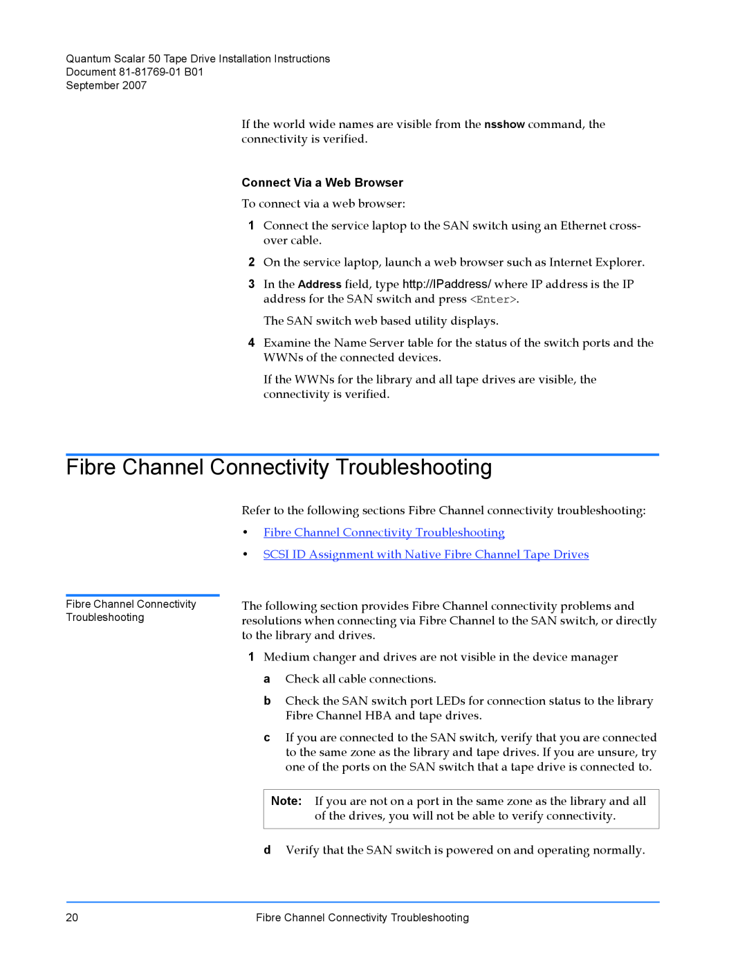 Quantum Audio Scalar 50 installation instructions Fibre Channel Connectivity Troubleshooting, Connect Via a Web Browser 