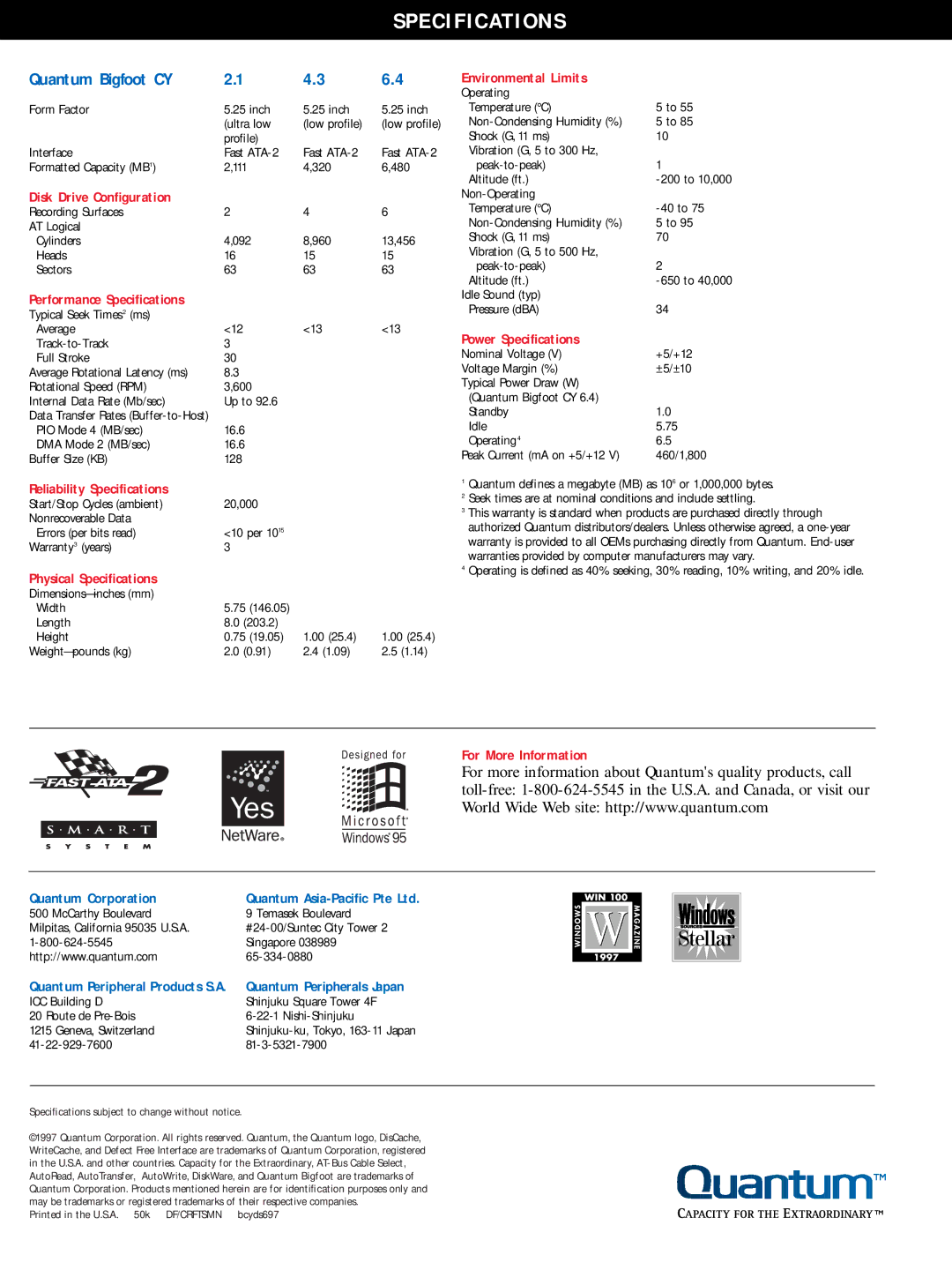 Quantum Bigfoot CY Disk Drive Configuration, Reliability Specifications, Physical Specifications, Environmental Limits 