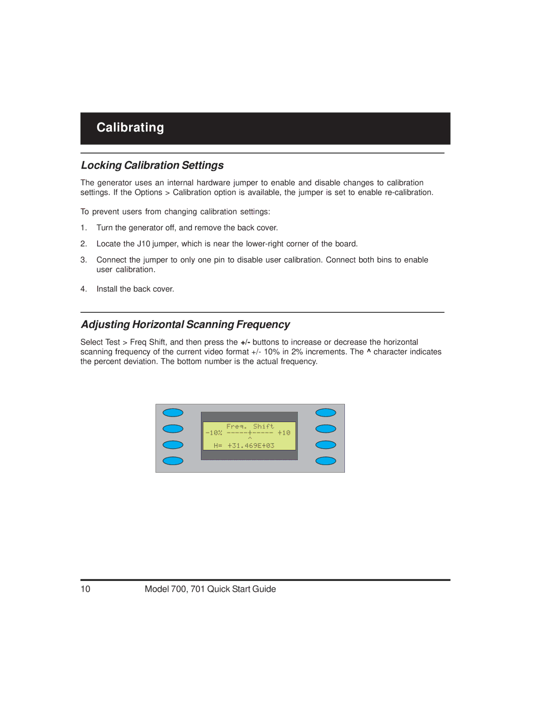 Quantum Data 700, 701 quick start Locking Calibration Settings, Adjusting Horizontal Scanning Frequency 