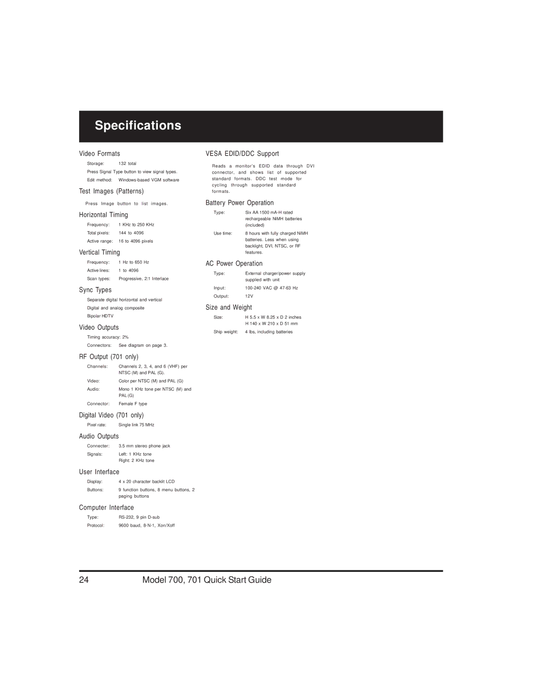 Quantum Data 700, 701 quick start Specifications, Video Formats 