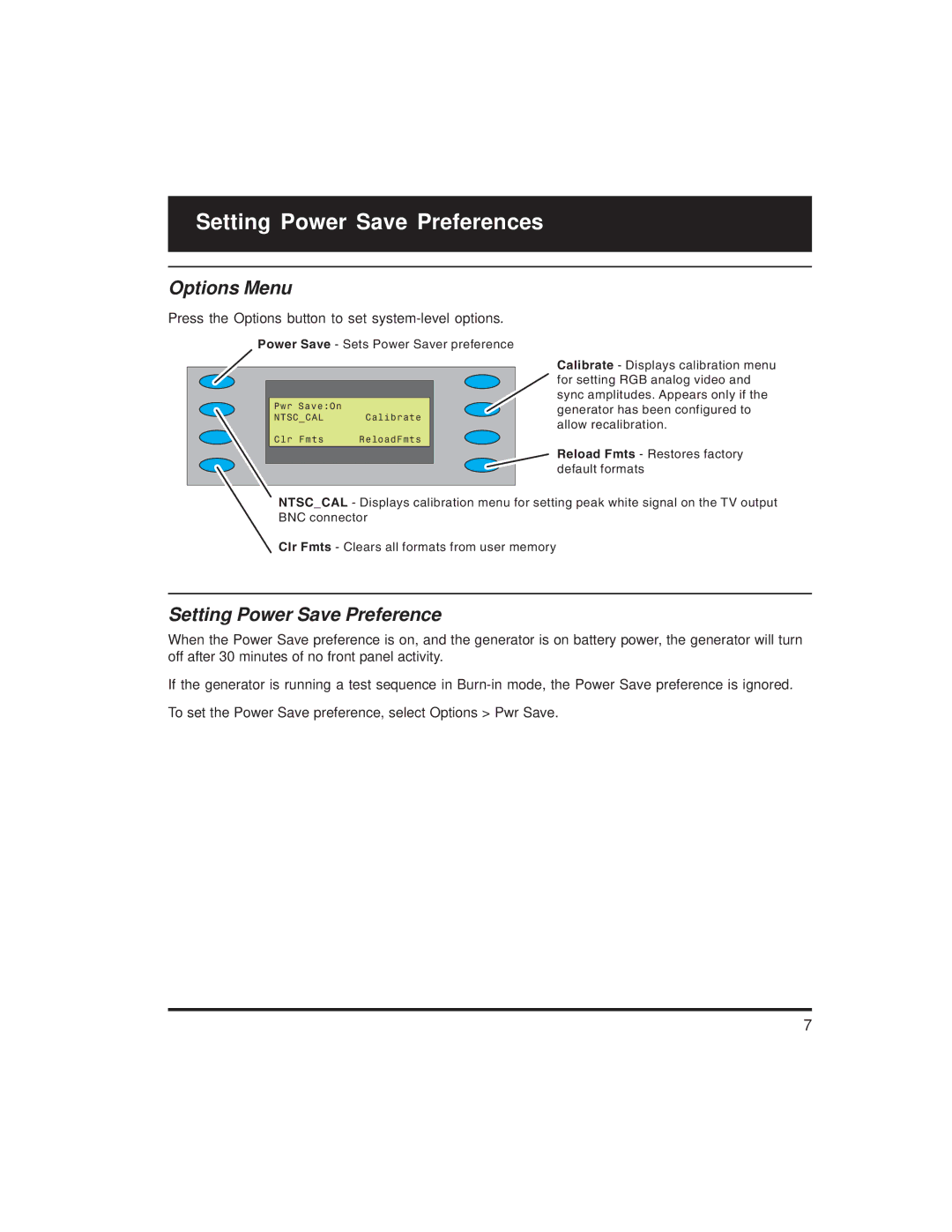 Quantum Data 700, 701 quick start Setting Power Save Preferences, Options Menu 