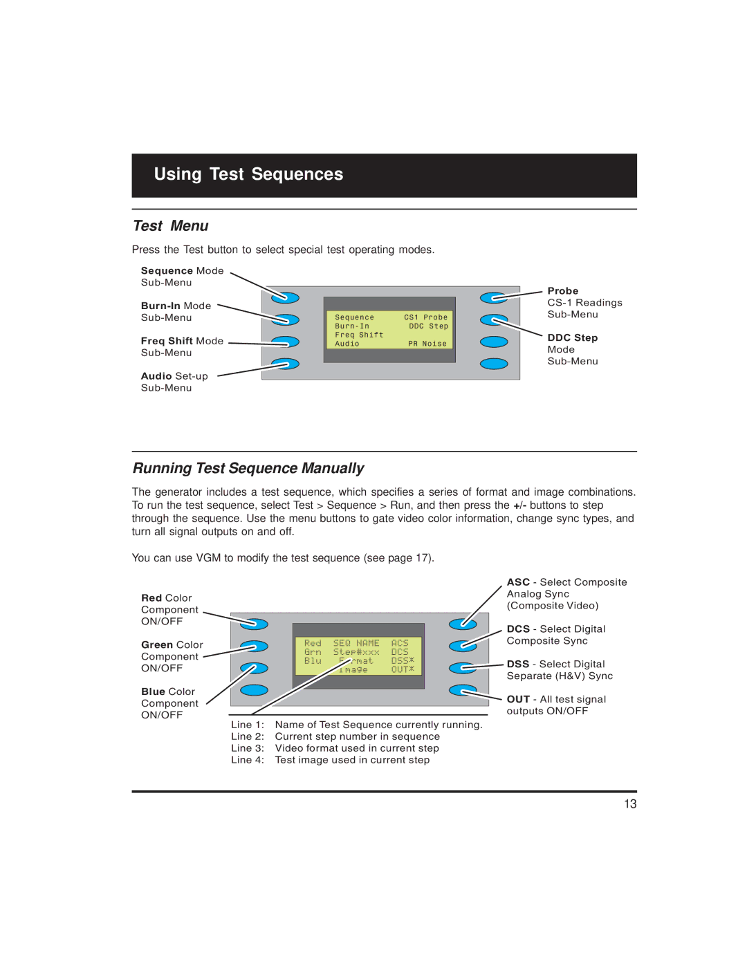 Quantum Data 700 Series manual Using Test Sequences, Test Menu, Running Test Sequence Manually 