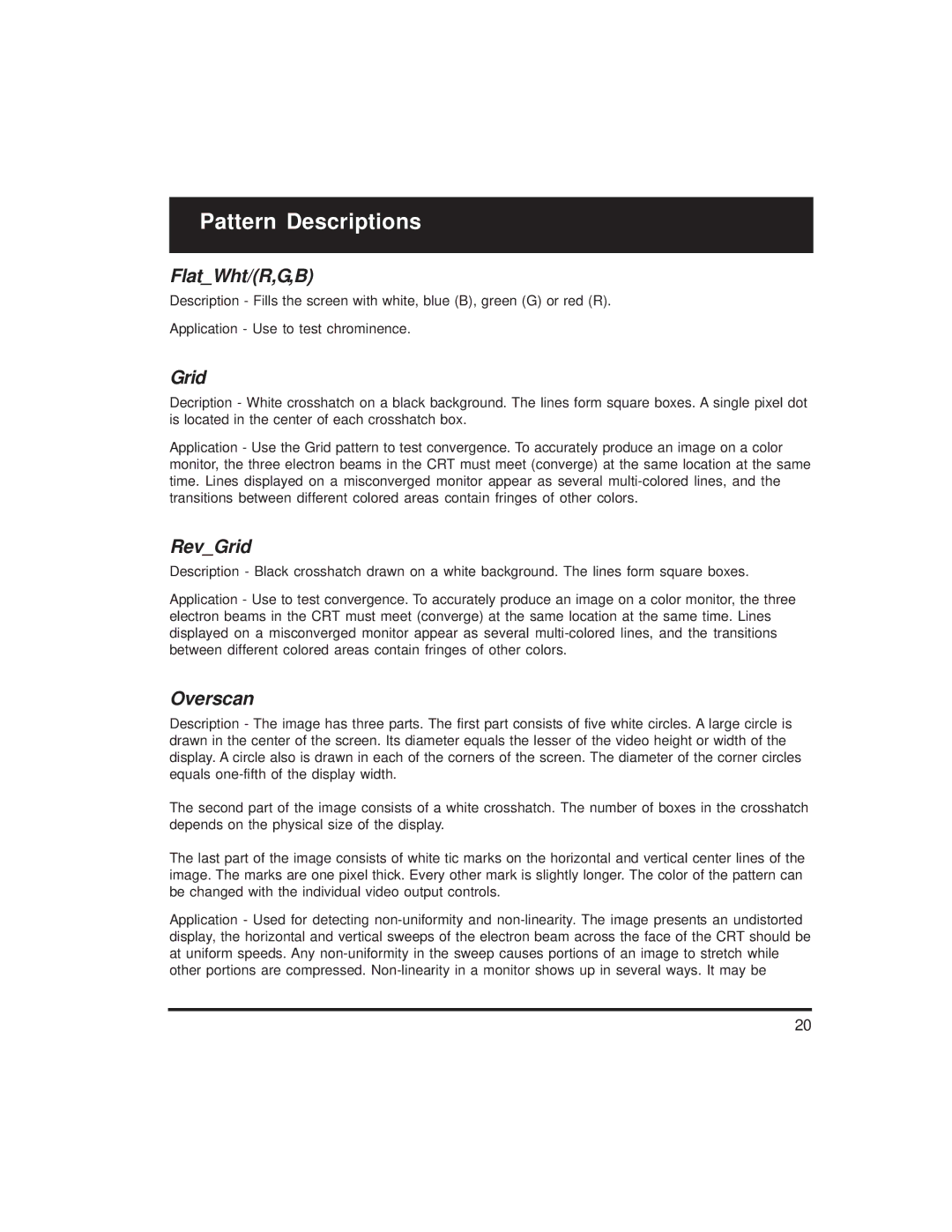 Quantum Data 700 Series manual Pattern Descriptions, FlatWht/R,G,B, RevGrid, Overscan 