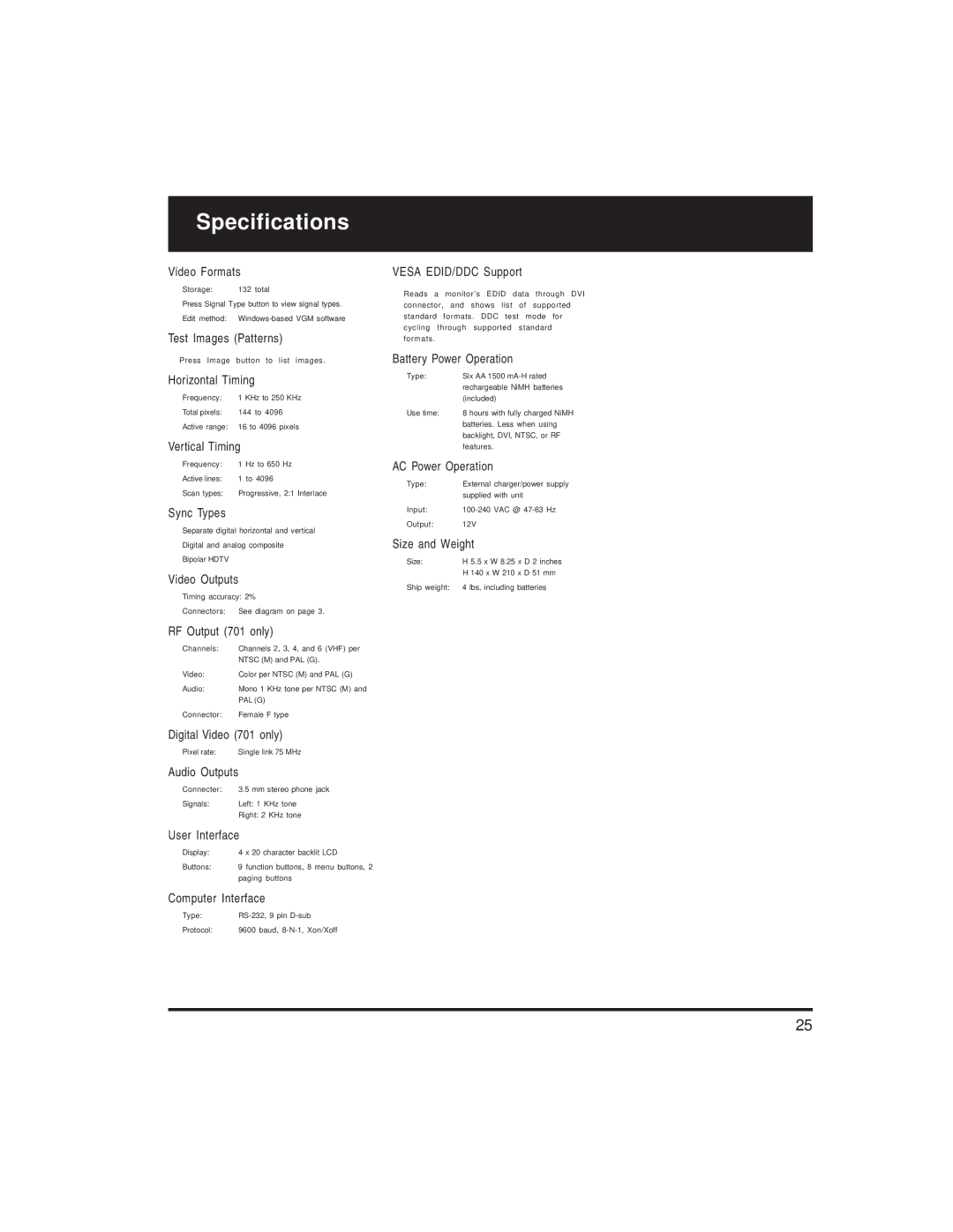 Quantum Data 700 Series manual Specifications, Video Formats 