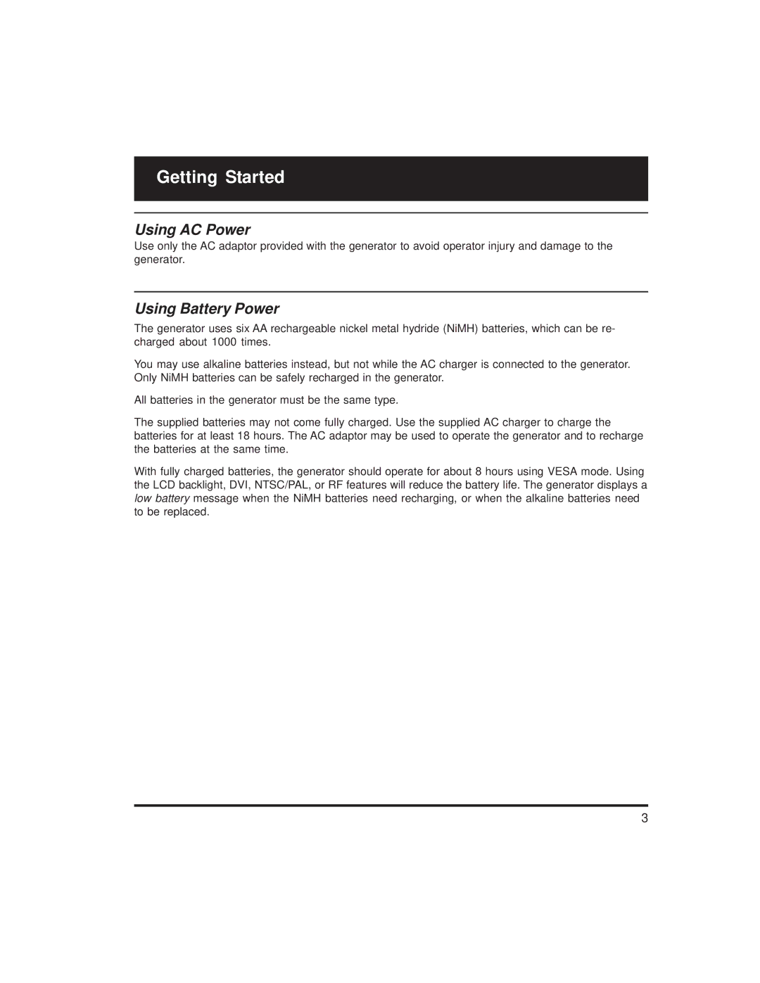 Quantum Data 700 Series manual Getting Started, Using AC Power, Using Battery Power 