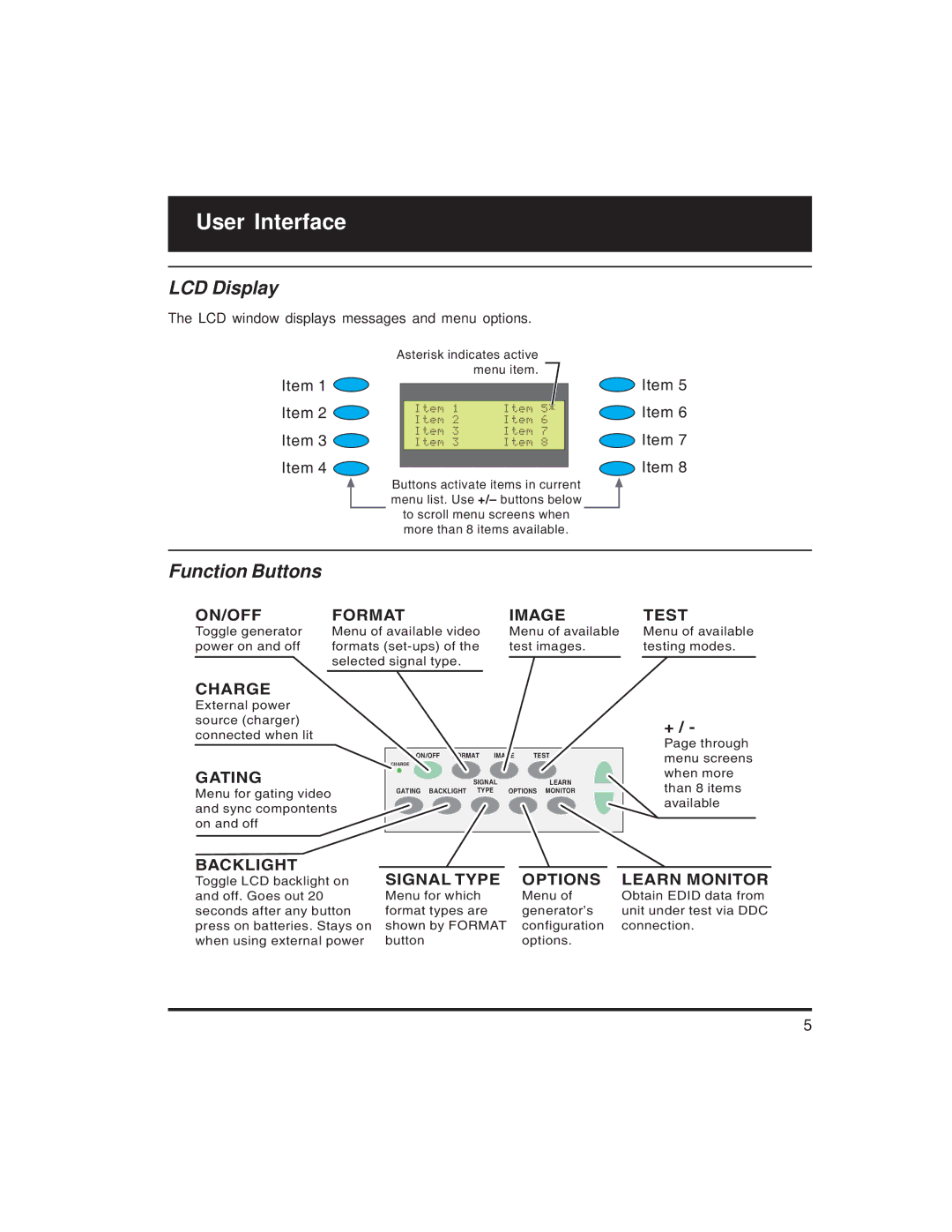 Quantum Data 700 Series manual User Interface, LCD Display, Function Buttons 