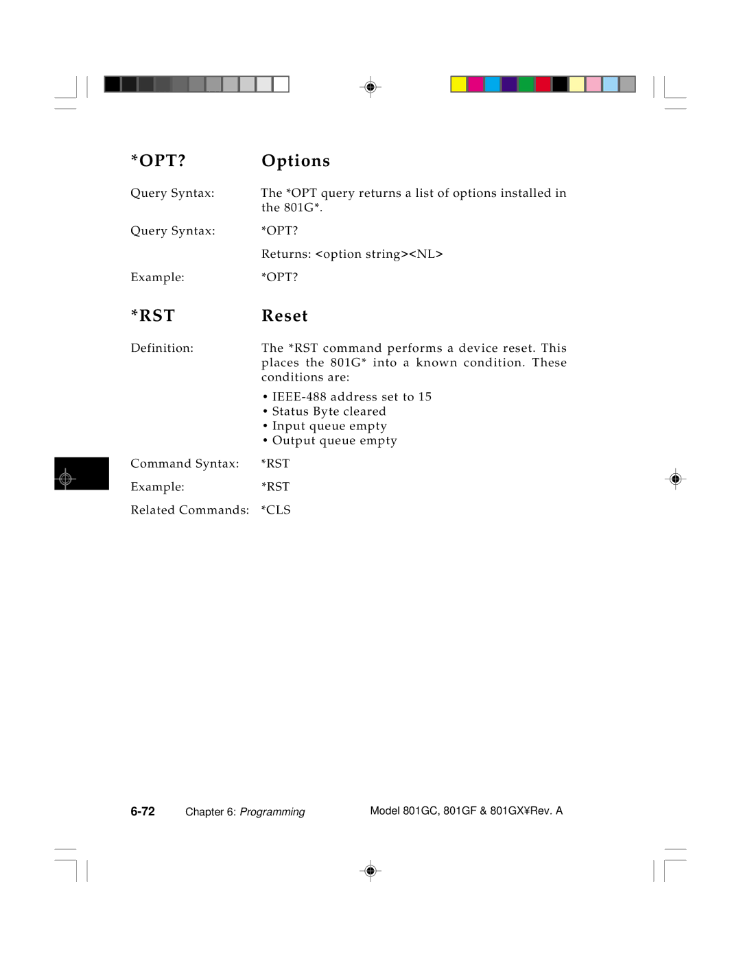 Quantum Data 801GC, 801GF, 801GX manual Options, Reset 