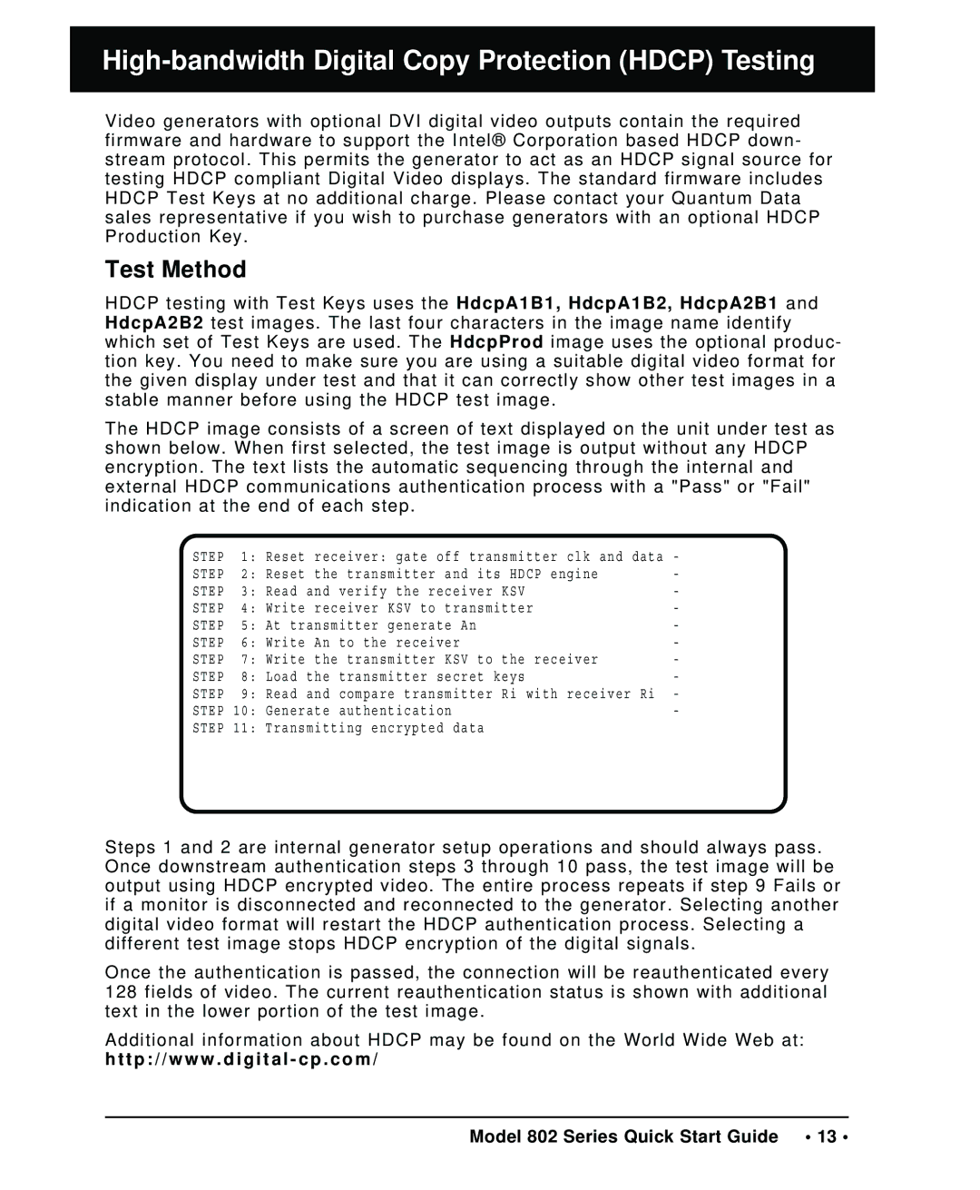 Quantum Data 802 quick start High-bandwidth Digital Copy Protection Hdcp Testing, Test Method 