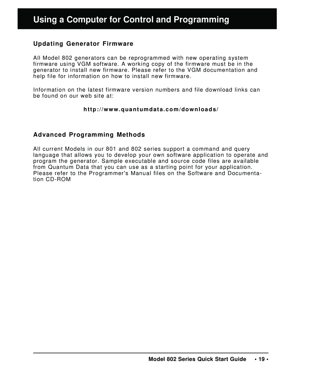 Quantum Data 802 quick start Updating Generator Firmware, Advanced Programming Methods 