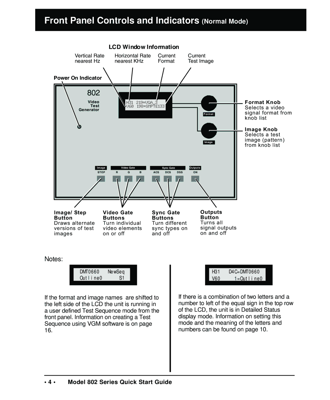 Quantum Data 802 quick start Front Panel Controls and Indicators Normal Mode, LCD Window Information 