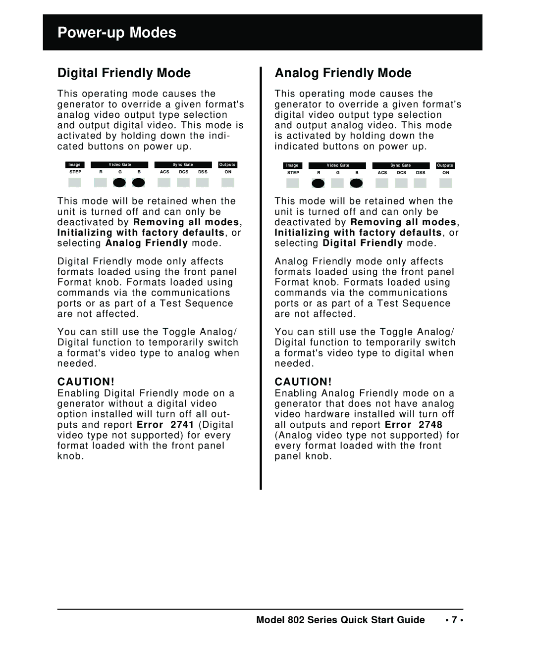 Quantum Data 802 quick start Power-up Modes, Digital Friendly Mode, Analog Friendly Mode 