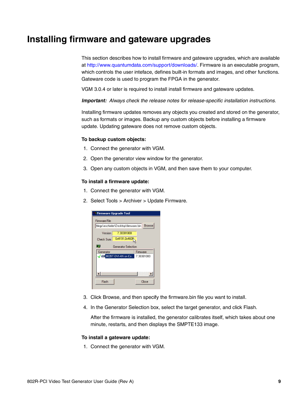 Quantum Data 802R-PCI Installing firmware and gateware upgrades, To backup custom objects, To install a firmware update 