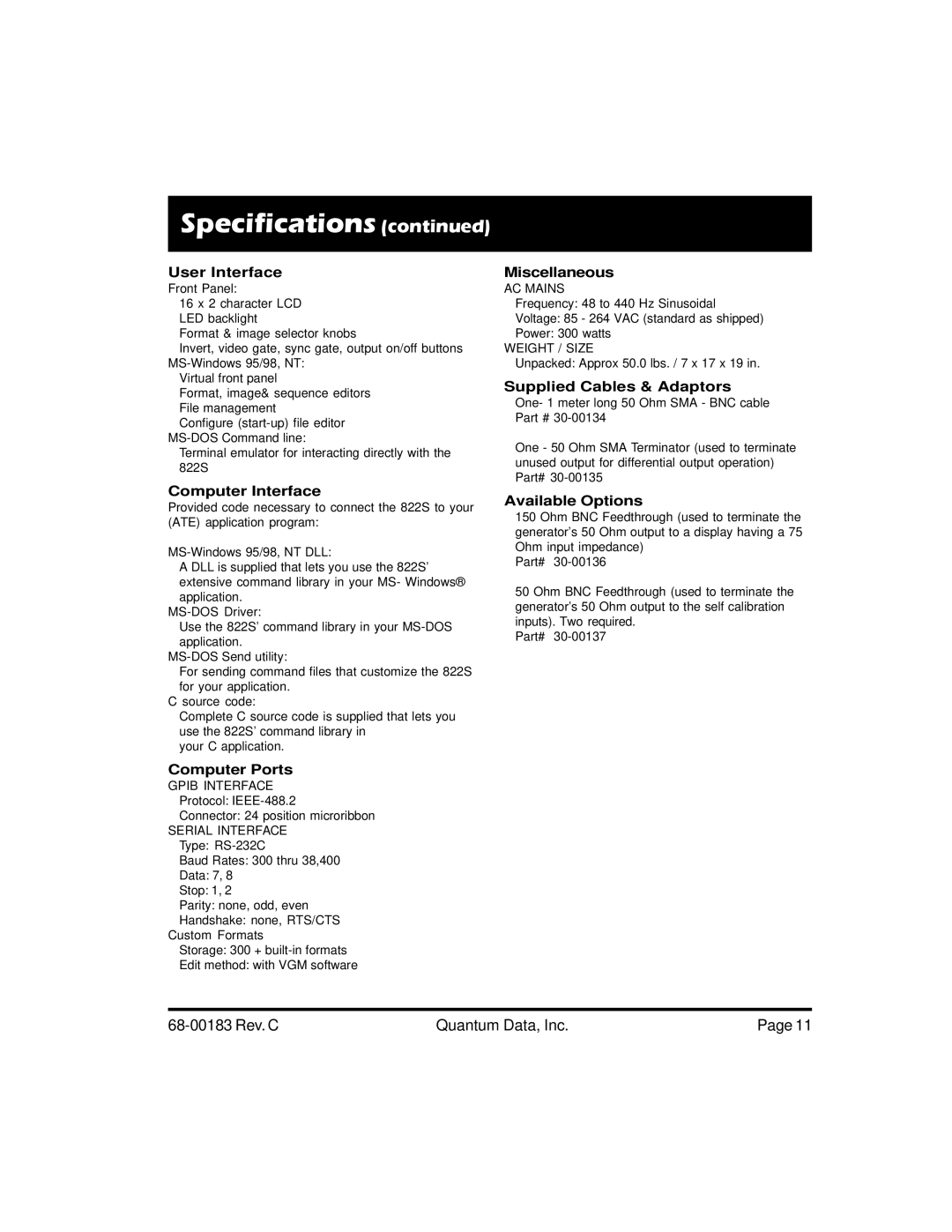 Quantum Data 822S quick start Specifications 