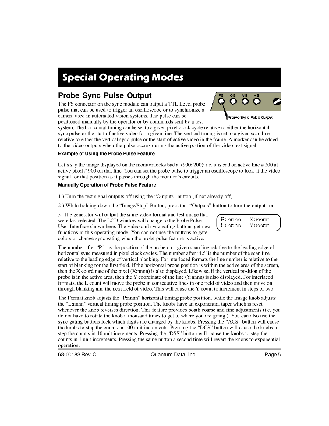 Quantum Data 822S quick start Special Operating Modes, Probe Sync Pulse Output 