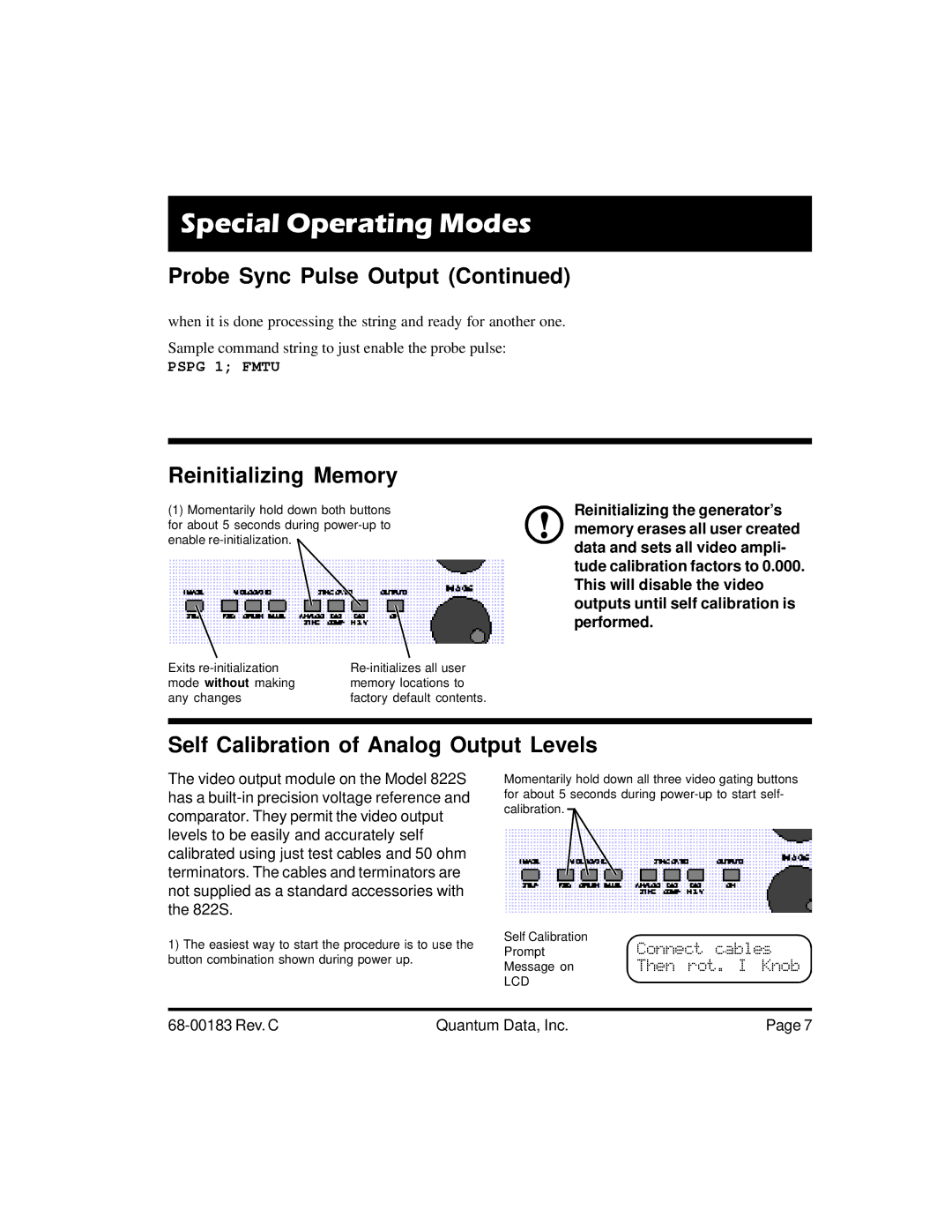 Quantum Data 822S quick start Reinitializing Memory, Self Calibration of Analog Output Levels 
