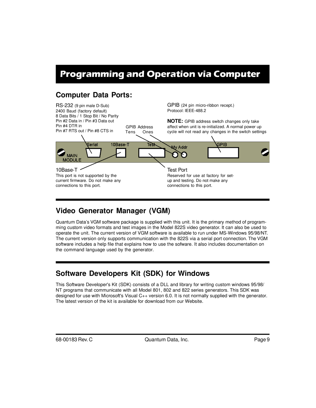 Quantum Data 822S quick start Programming and Operation via Computer, Computer Data Ports, Video Generator Manager VGM 