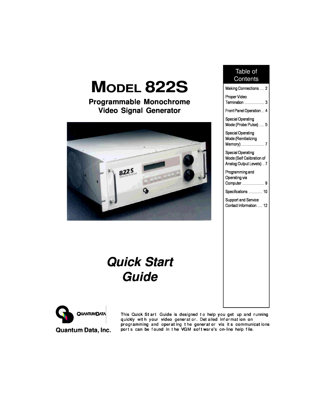 Quantum Data quick start Programmable Monochrome Video Signal Generator, Quantum Data, Inc, MODEL 822S, Table of 