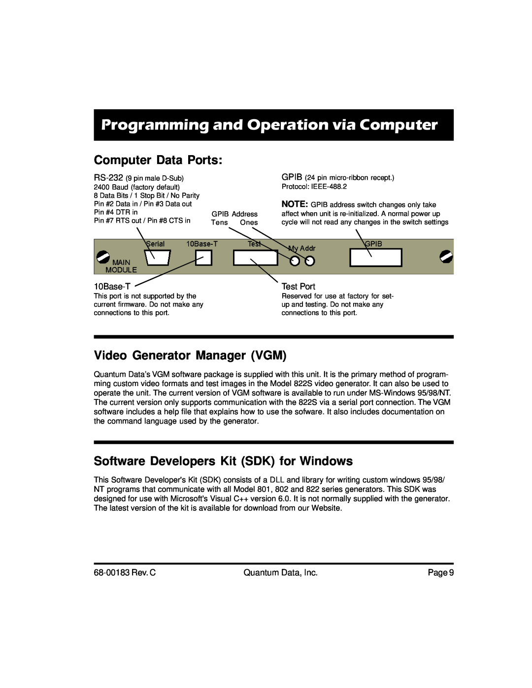 Quantum Data 822S quick start Programming and Operation via Computer, Computer Data Ports, Video Generator Manager VGM 