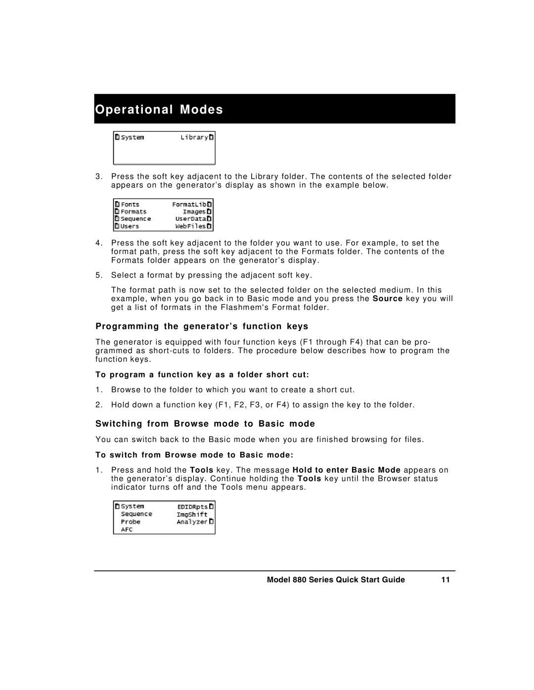 Quantum Data 880 quick start Programming the generator’s function keys, Switching from Browse mode to Basic mode 