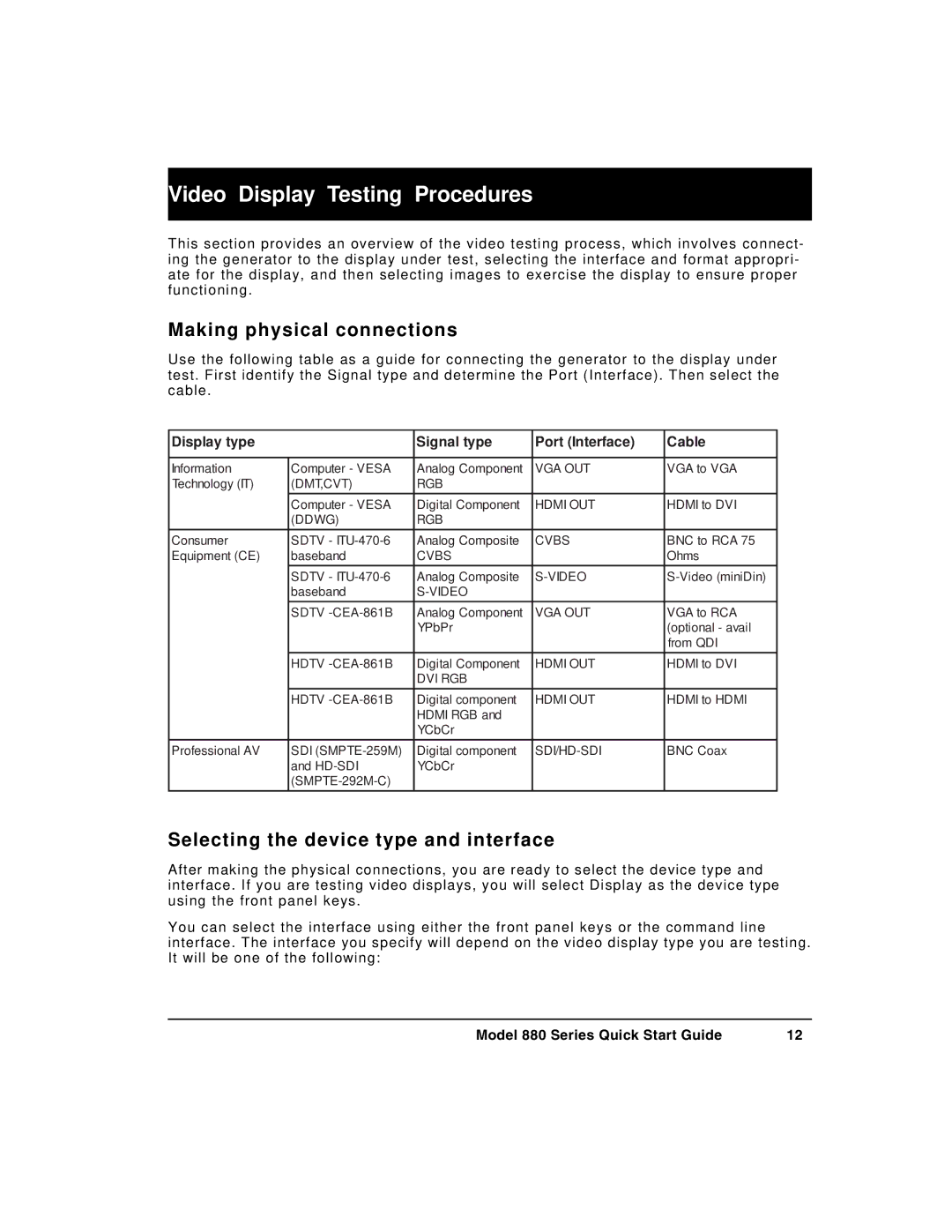 Quantum Data 880 Video Display Testing Procedures, Making physical connections, Selecting the device type and interface 