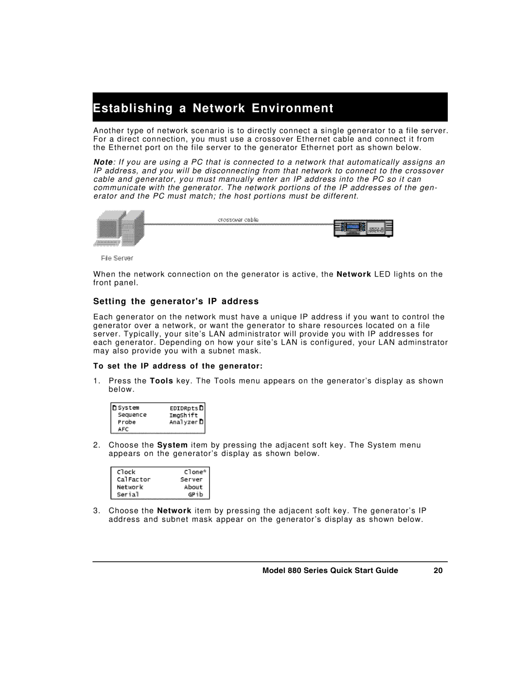 Quantum Data 880 quick start Establishing a Network Environment, Setting the generators IP address 