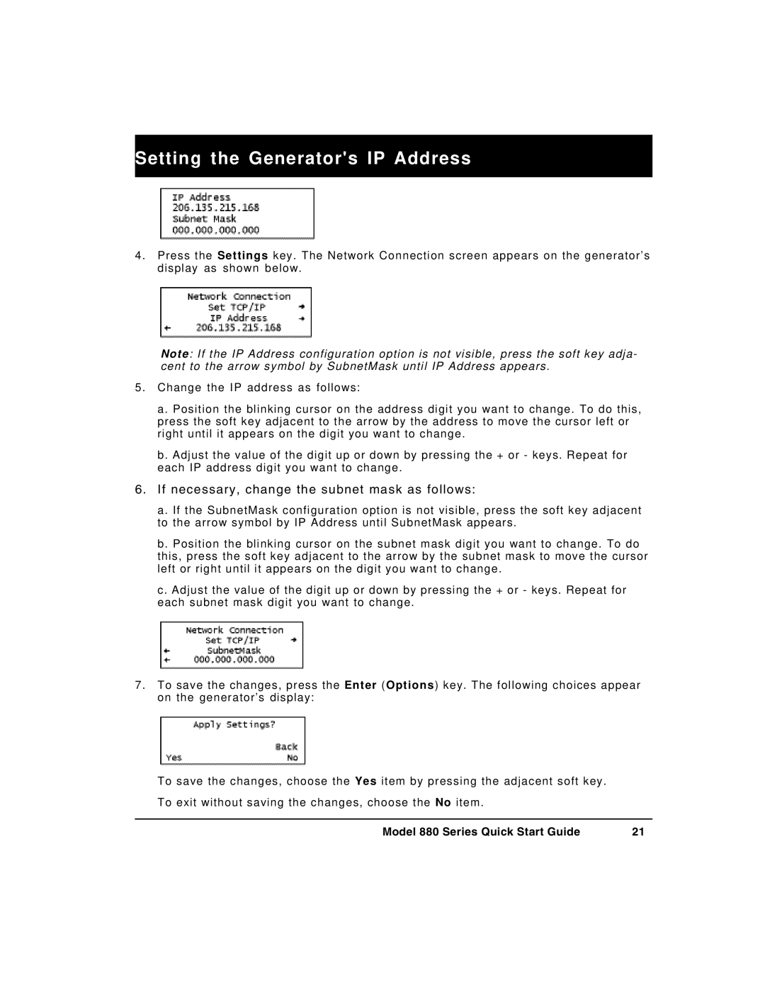 Quantum Data 880 quick start Setting the Generators IP Address, If necessary, change the subnet mask as follows 